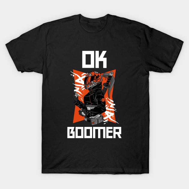 OK Boomer Anime Biker Girl Katana T-Shirt by BlueTodyArt